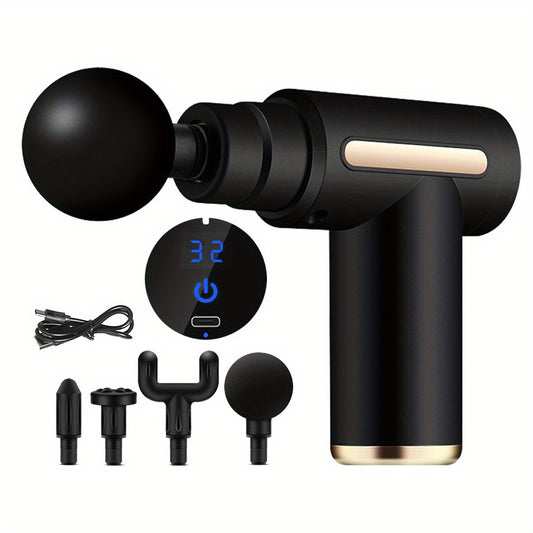 Rechargeable LCD Portable Mini-Massage Gun: 32-Speed Adjustment, 4 Heads for Muscle Relaxation & Pain Relief