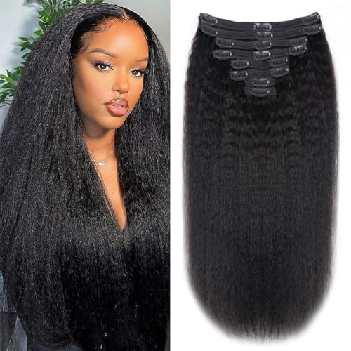 Tahikie Kinky Straight Human Hair Clip in Extensions 120g Full Head Clip ins for Women 100% Unprocessed Brazilian Virgin Human Hair Yaki Straight Clip ins Remy Hair Natural Black 8Pcs 18Clips 24inch