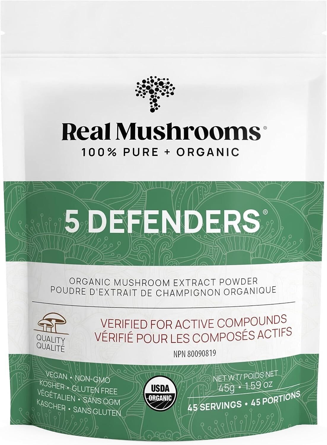 Real Mushrooms Organic 5 Defenders Mushroom Blend Immune Strength Powder 45g NEW
