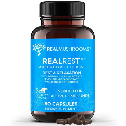 Real Mushrooms RealRest Reishi Valerian Lemon Balm Herb Extracts 60 Caps NEW