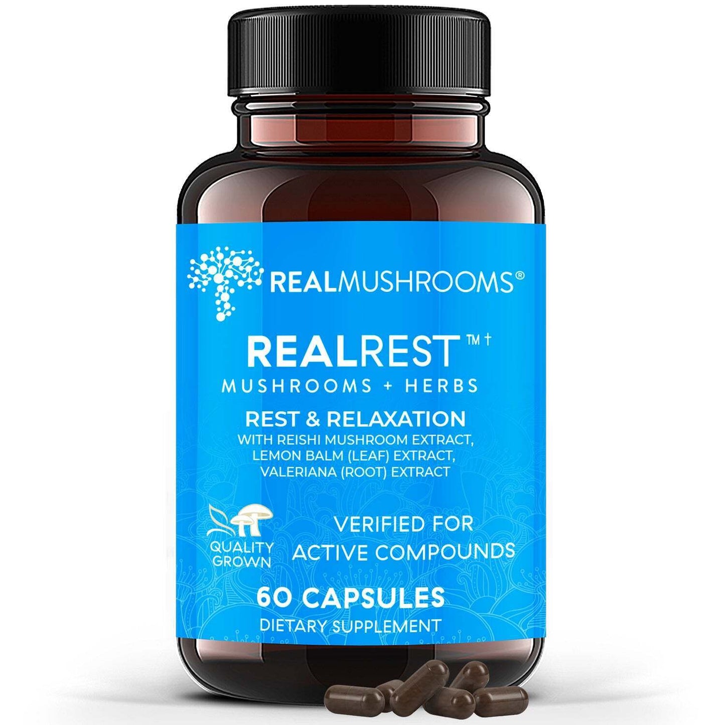 Real Mushrooms RealRest Reishi Valerian Lemon Balm Herb Extracts 60 Caps NEW