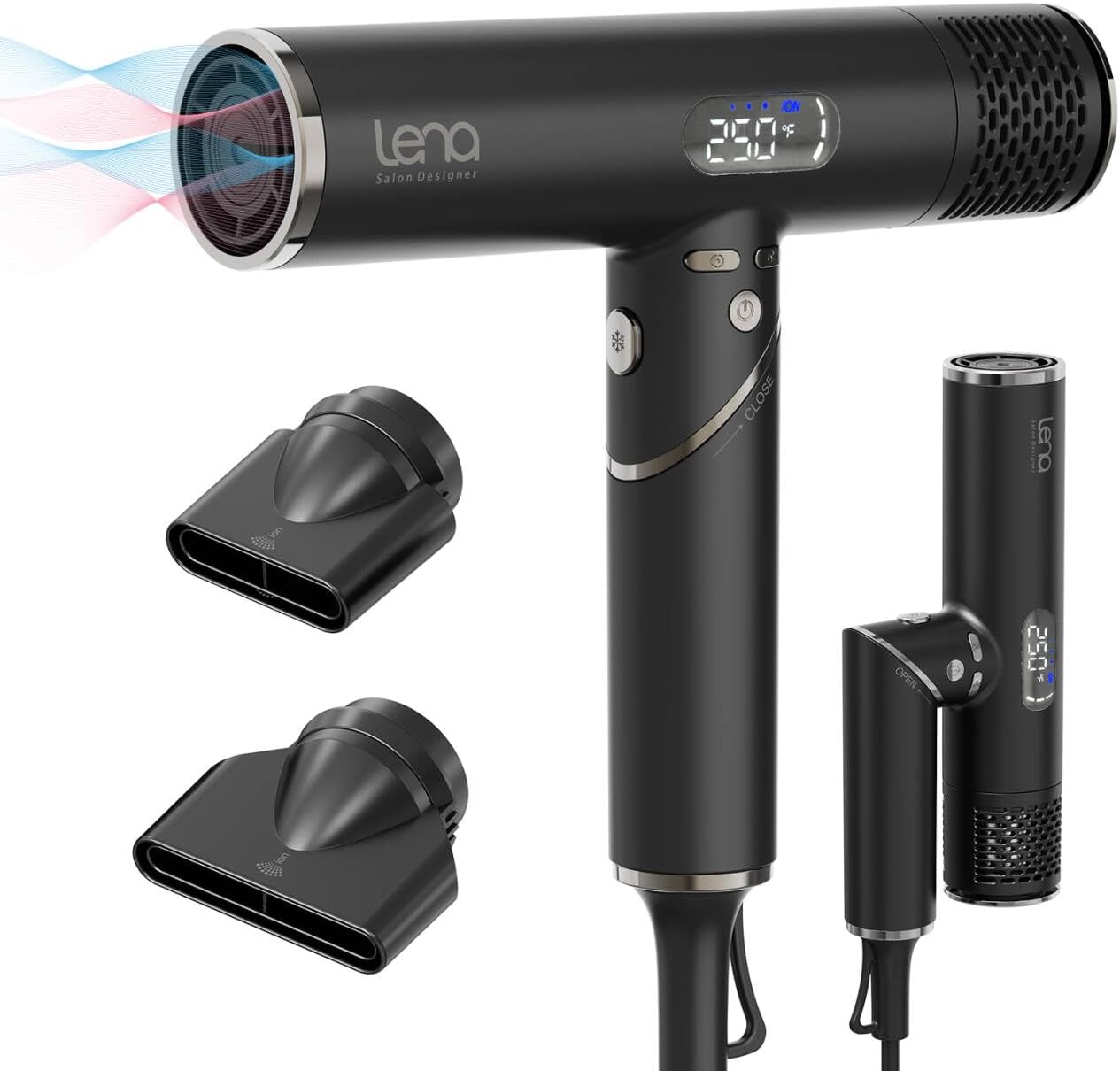 Travel Hair Dryer Powerful Blow Dryer | Ionic Foldable Hairdryer | Lightweight & Fast Drying with High-Speed Brushless Motor, Ion Tech., LED Display, Magnetic Nozzles | Protects Hair as You Dry