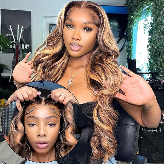 Wear and Go Glueless Wigs Pre Plucked Pre Cut for Beginners Body Wave Lace Front Wigs 5x5 HD Lace Closure Ombre Highlight Honey Blonde Lace Front Wig for Women